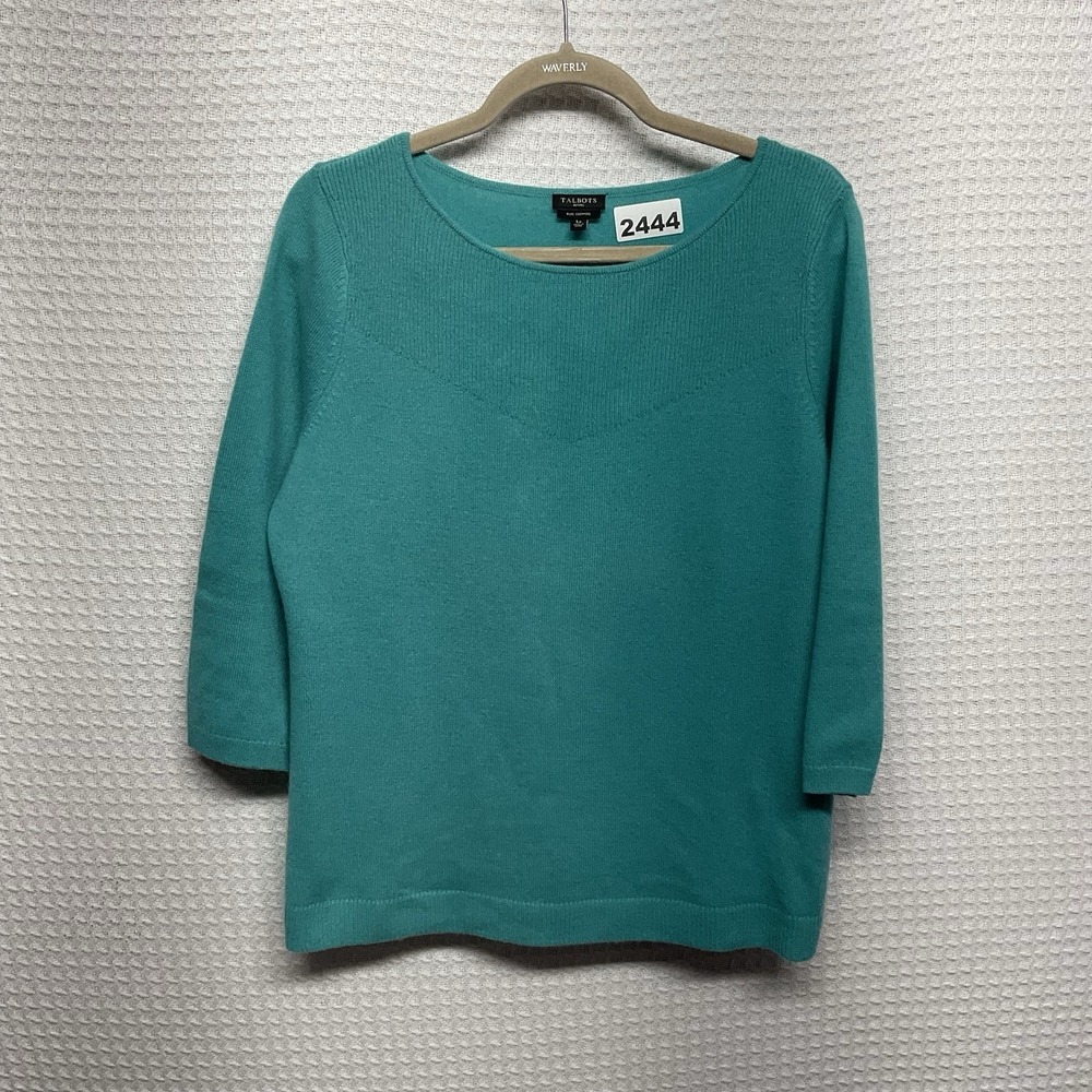 Talbots Women 100% Cashmere Size LP Teal Old Money Quiet Luxury Sweater Teal